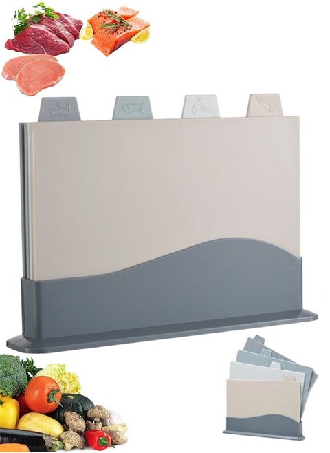 4 PCS Cutting Board with Holder, Reversible Chopping Boards with Index Color Coded Food Icon for Various Food, Preventing Cross Contamination, Wheat Straw Fiber, BPA Free (Grey)