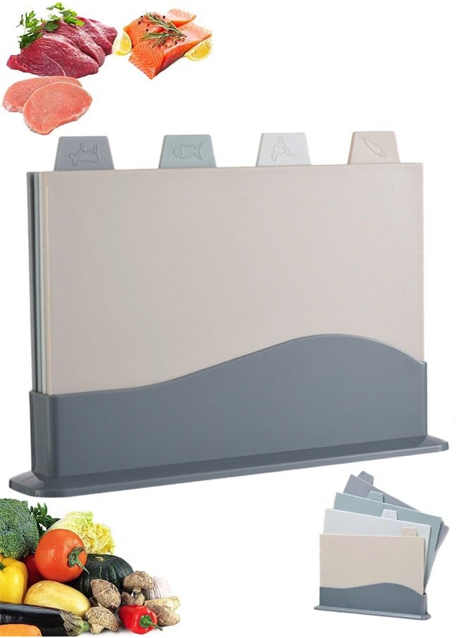 Arabest - 4 PCS Cutting Board with Holder, Reversible Chopping Boards with Index Color Coded Food Icon for Various Food, Preventing Cross Contamination, Wheat Straw Fiber, BPA Free (Grey) - Image 1