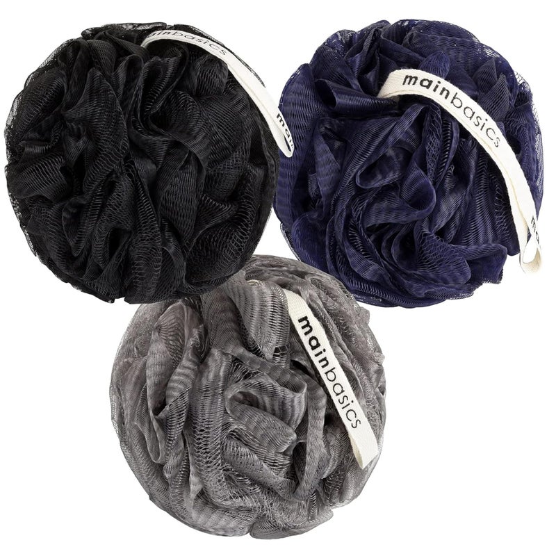 MainBasics Bath Shower Loofah Sponge Pouf Body Scrubber Exfoliator Body Wash Sponge (Set of 3, Black Ice) - Image 1