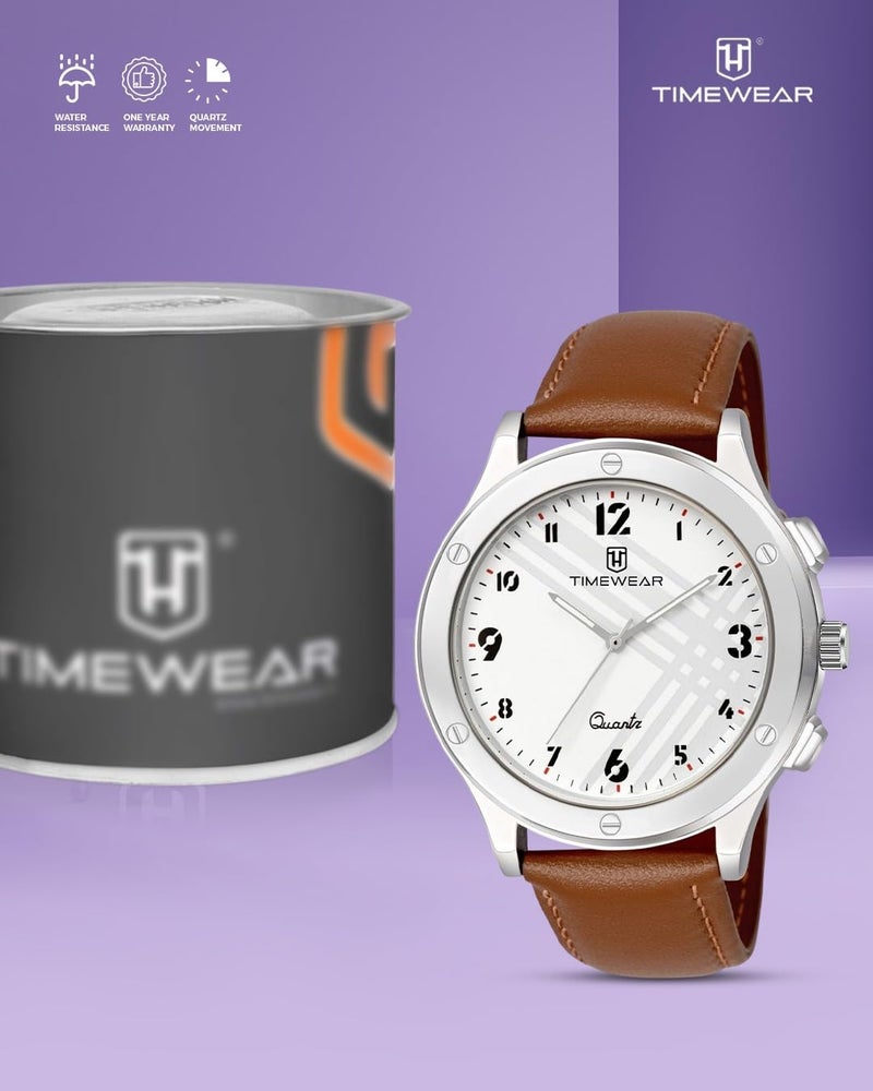 TIMEWEAR Leather Analog New Track White Number Dial Brown Strap Watch For Men, Brown Band - Image 2