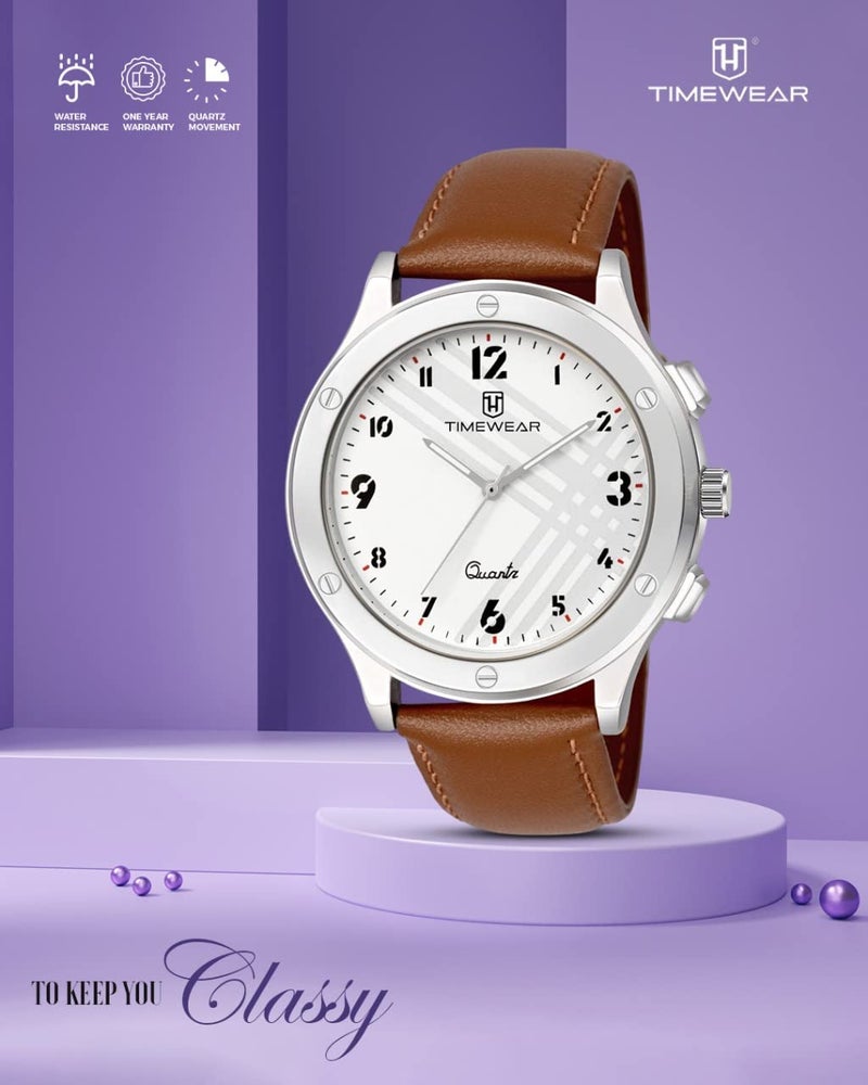 TIMEWEAR Leather Analog New Track White Number Dial Brown Strap Watch For Men, Brown Band - Image 5
