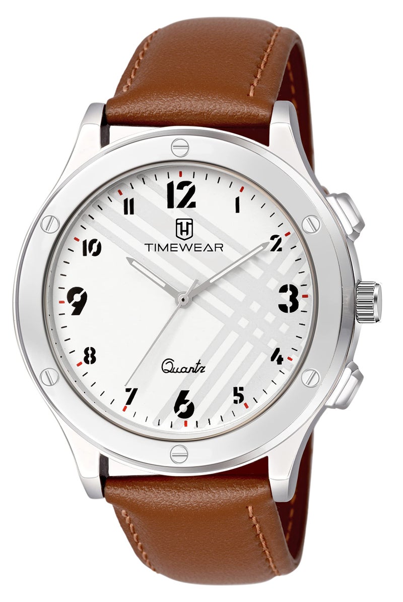 TIMEWEAR Leather Analog New Track White Number Dial Brown Strap Watch For Men, Brown Band - Image 1