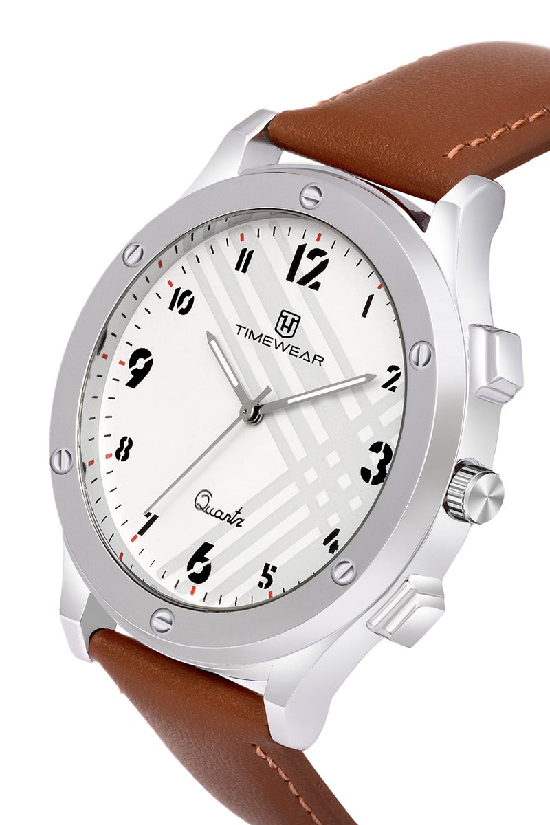 TIMEWEAR Leather Analog New Track White Number Dial Brown Strap Watch For Men, Brown Band - Image 4