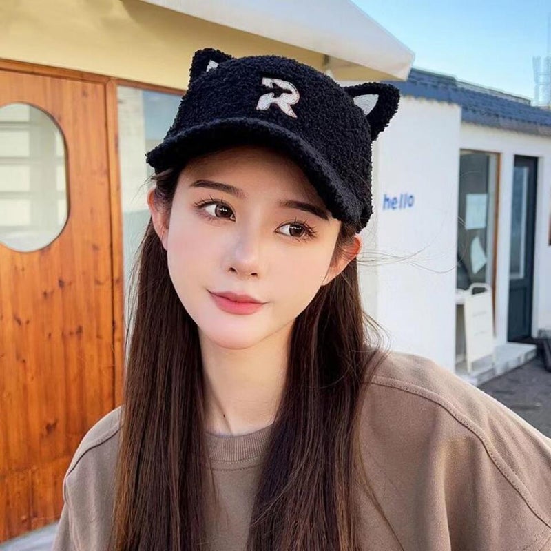 Winter Baseball Cap Women R Logo Cat Ear Lamb  Slim Hat - Image 2