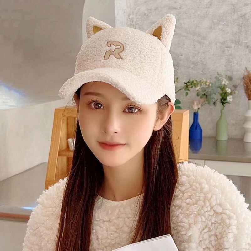 Winter Baseball Cap Women R Logo Cat Ear Lamb  Slim Hat - Image 1