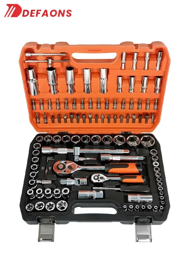DEFAONS 108Pcs Socket Wrench Set | Chrome Vanadium Steel Ratchet & Bit Tool Kit | 1/4” & 1/2” Drive Sockets, Deep Sockets, Extension Bars, Spark Plug Sockets, Universal Joint, Compact Carry Case - Image 1