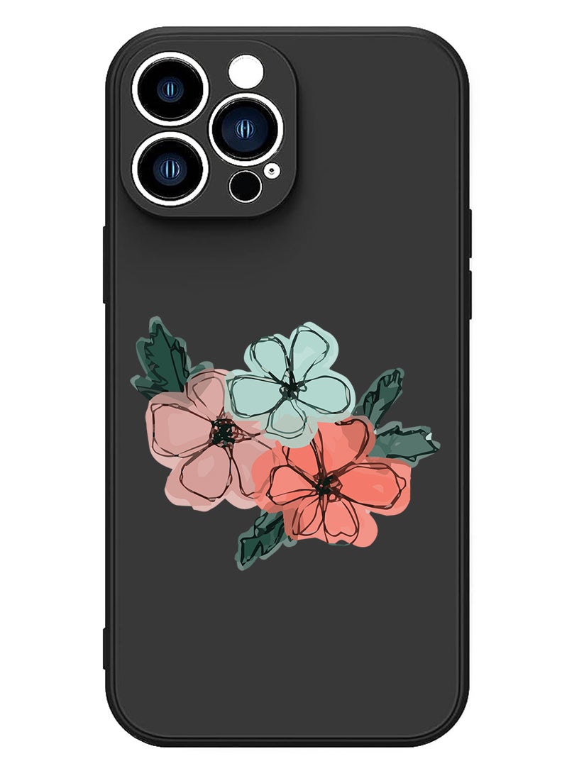 Theodor غطاء حماية نحيف من السيليكون السائل مع حماية كاملة للجسم، غطاء مضاد للخدش ومقاوم للصدمات لجهاز iPhone 12 Pro Max باللون الأسود - زهور - Image 1