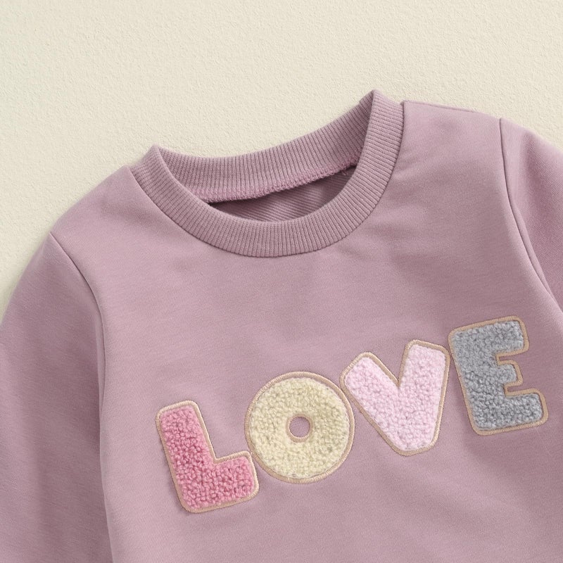 Socutebabe Baby Girl Clothes Newborn Infant Fall Winter Outfits Love Embroidery Long Sleeve Crewneck Sweatshirts Pants 0-24M (Purple, 2-3T) - Image 3