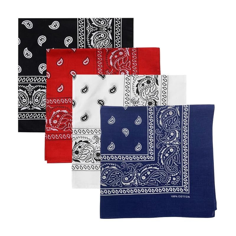 DIKHAWA Unisex Soft Breathable Cotton Paisley Printed Cowboy Bandanas,Headband,Scarf (BLACK,RED,WHITE,NAVY_50CM X 50CM_Pack of 4) - Image 1