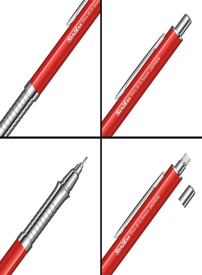 سكريكس قلم رصاص ميكانيكي Scrikss Pro-S برأس 0.5 مم، جسم نحاسي أحمر اللون، آلية ضغط، ممحاة صغيرة مرفقة، مقبض مطلي بالكروم بنمط خطي مانع للانزلاق. - Image 3