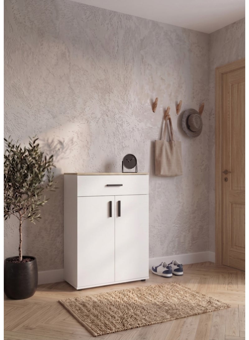 Furniture Store Modern shoe rack/shoe cabinet with a wide drawer and 5 shelves, MDF, in light wood color with white, high-quality finish, from Furniture Store. - Image 1