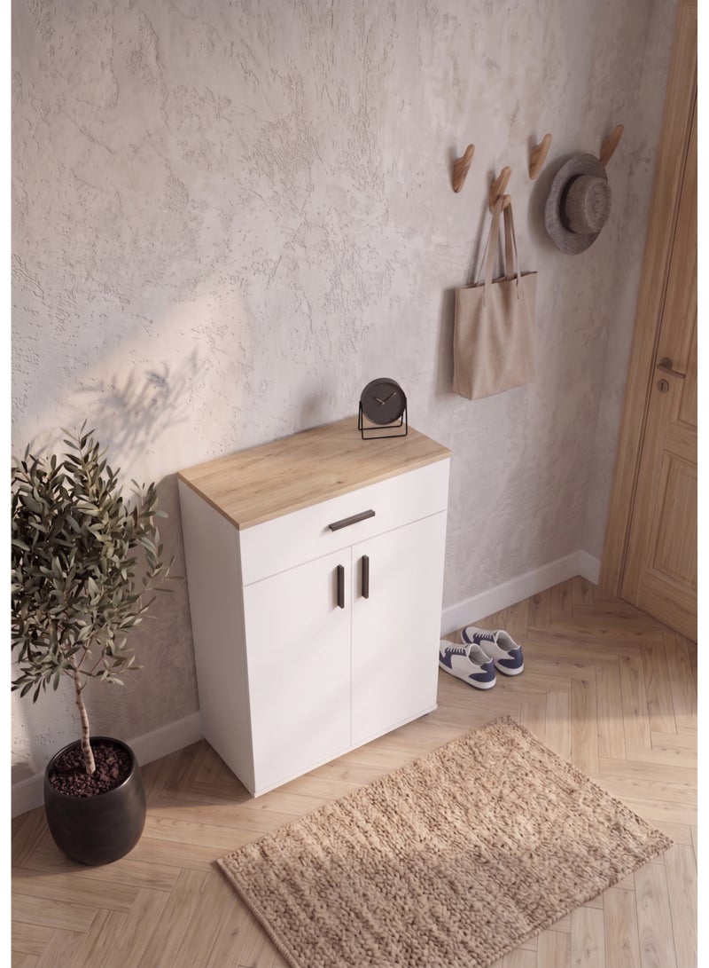 Furniture Store Modern shoe rack/shoe cabinet with a wide drawer and 5 shelves, MDF, in light wood color with white, high-quality finish, from Furniture Store. - Image 2