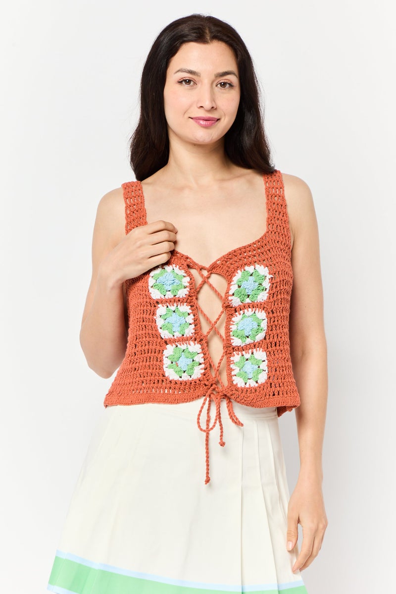 Asos Design Women Square Neck Sleeveless Crochet Tank Top, Brown - Image 1