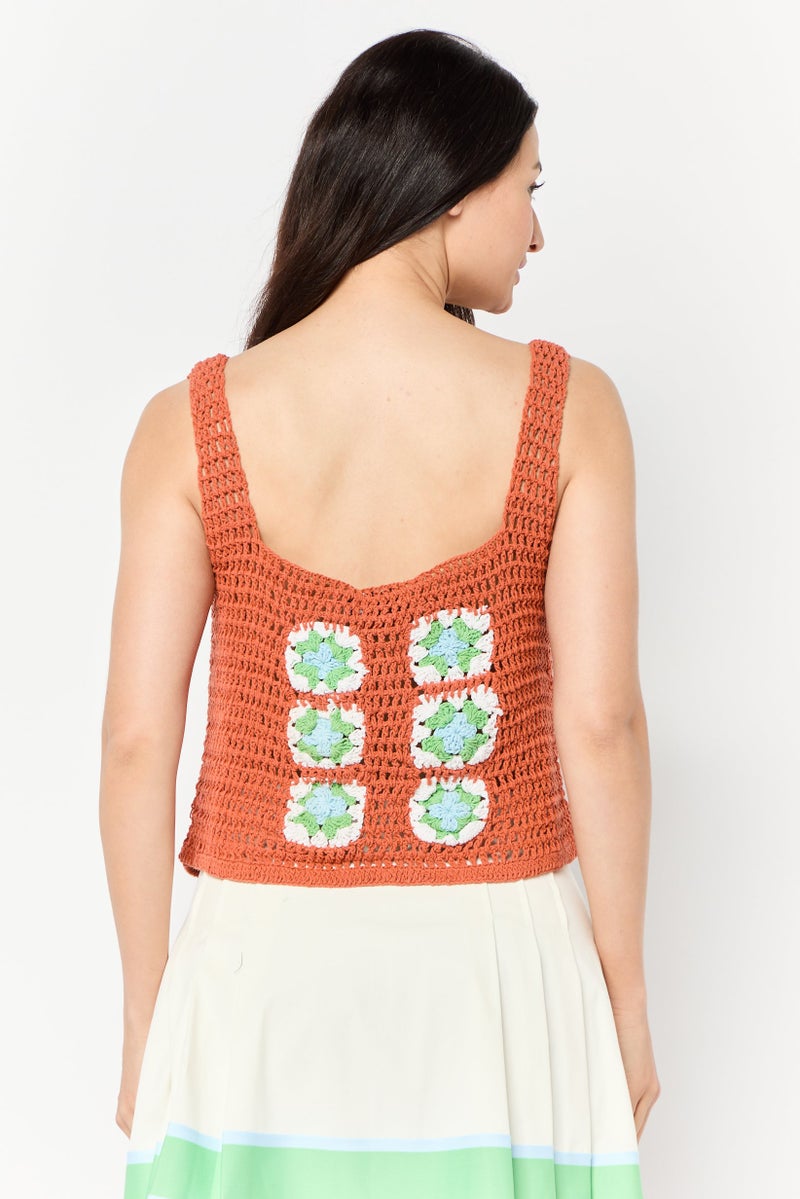 Asos Design Women Square Neck Sleeveless Crochet Tank Top, Brown - Image 2