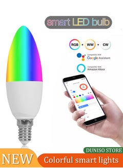 Smart candle light bulb, WiFi smart LED light bulb, 5W, RGBCW color changing, 900lm, AC85 to 265V, voice controlled, compatible with Alexa and Google Home, white