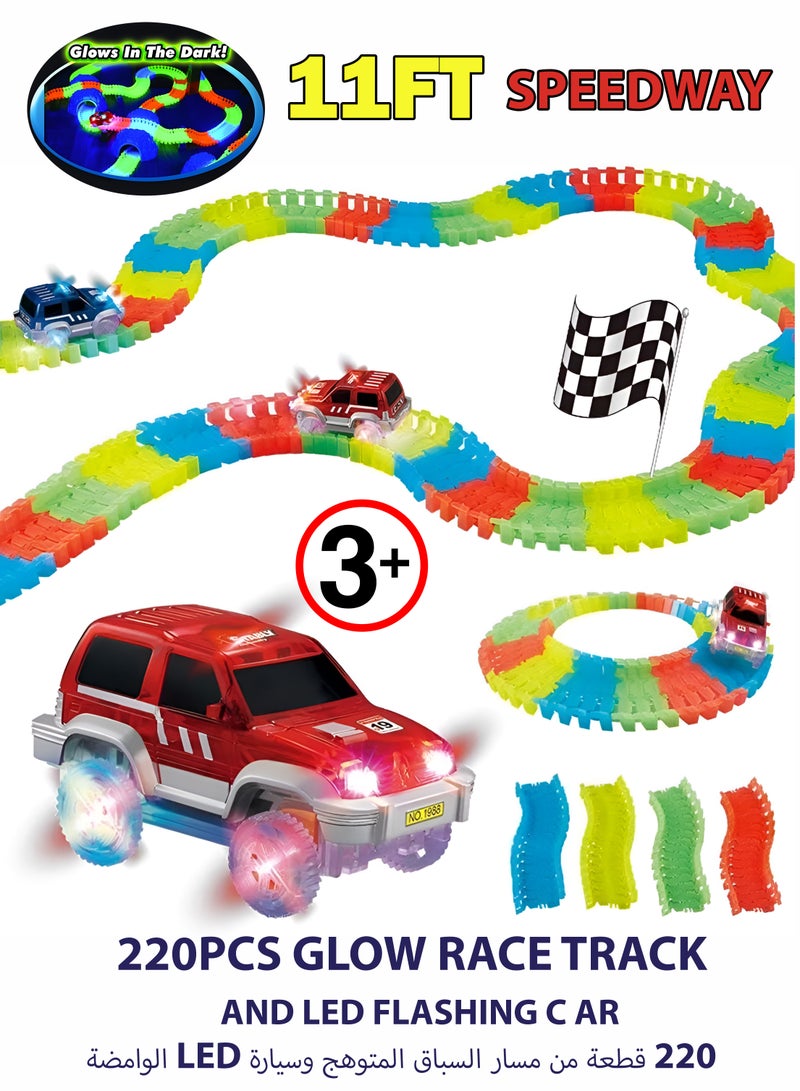 Beauenty 220 Pieces Glow Race Track with LED Flashing Race Car 11FT Speedway Non-Toxic ABS Bend Flex and Glow for 3+ Years - Image 1