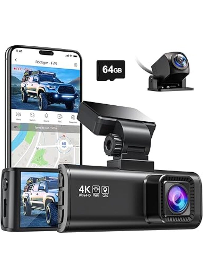 REDTIGER F7N 4K Dual Dash Cam with 64GB Card, WiFi GPS, 4K Front and Back 1080P, 170° Wide Angle Dash Camera for Cars, 3.18" Screen, Parking Monitor, Supports 256GB Max - Image 1