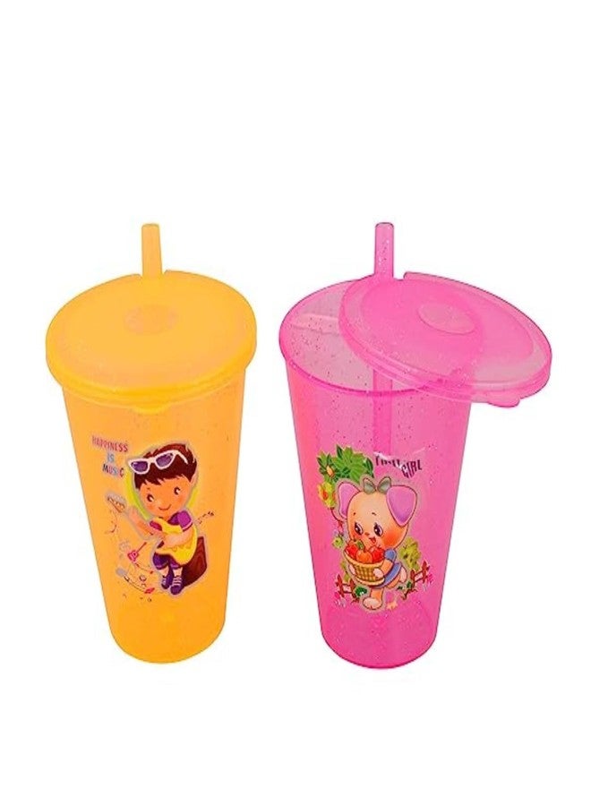 كوب شرب زجاجي من تيكزي خالٍ من مادة BPA، مطبوع عليه رسوم كرتونية مرحة بألوان زاهية، مع غطاء، مناسب للأطفال الصغار، الأولاد/البنات (عبوة من قطعتين) - Image 1