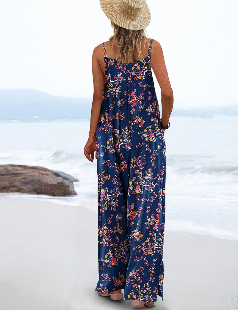 YESNO Women's Summer Boho Casual Jumpsuits Wide Leg Overalls Floral Print Baggy Rompers with Pockets XL PZZCR 30 - Image 3