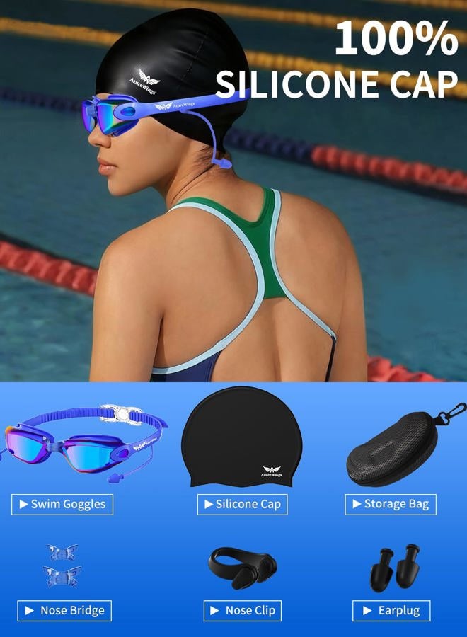 AzureWings Swim Goggles + Swim Cap for Men Women,Swimming goggles No Leak Anti-Fog & UV, Wide Visio HD Mirror PC Lens - Image 3