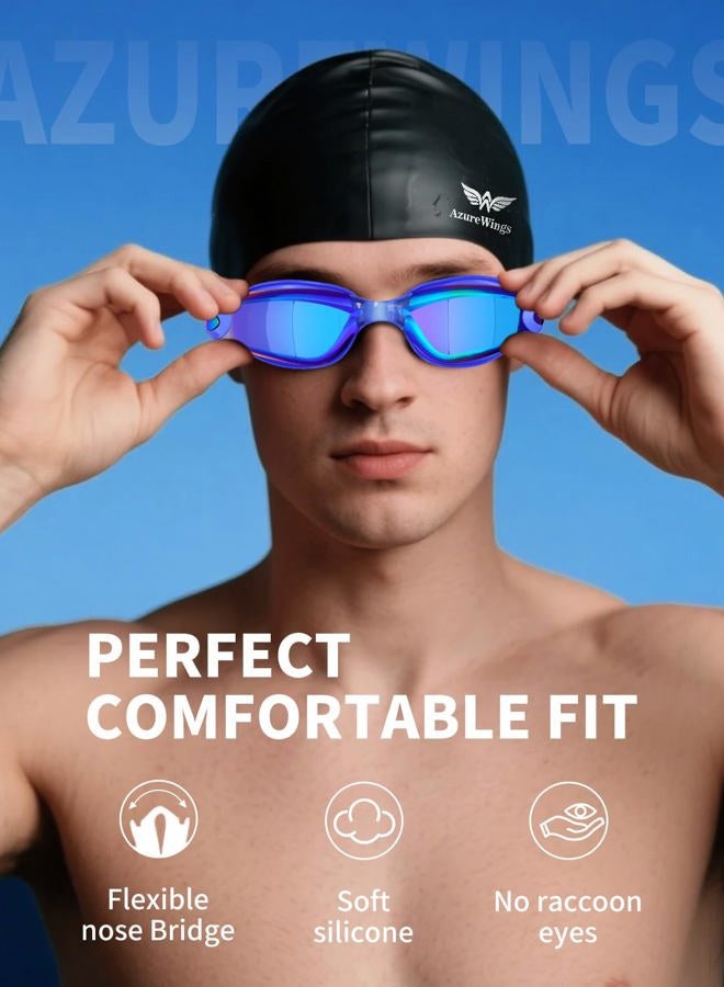 AzureWings Swim Goggles + Swim Cap for Men Women,Swimming goggles No Leak Anti-Fog & UV, Wide Visio HD Mirror PC Lens - Image 2