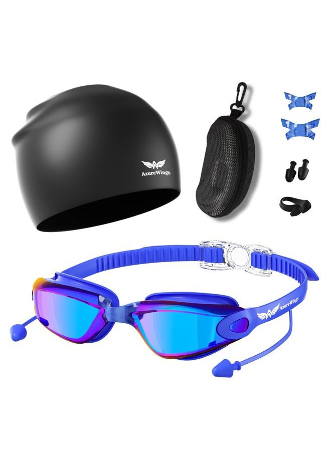AzureWings Swim Goggles + Swim Cap for Men Women,Swimming goggles No Leak Anti-Fog & UV, Wide Visio HD Mirror PC Lens - Image 1