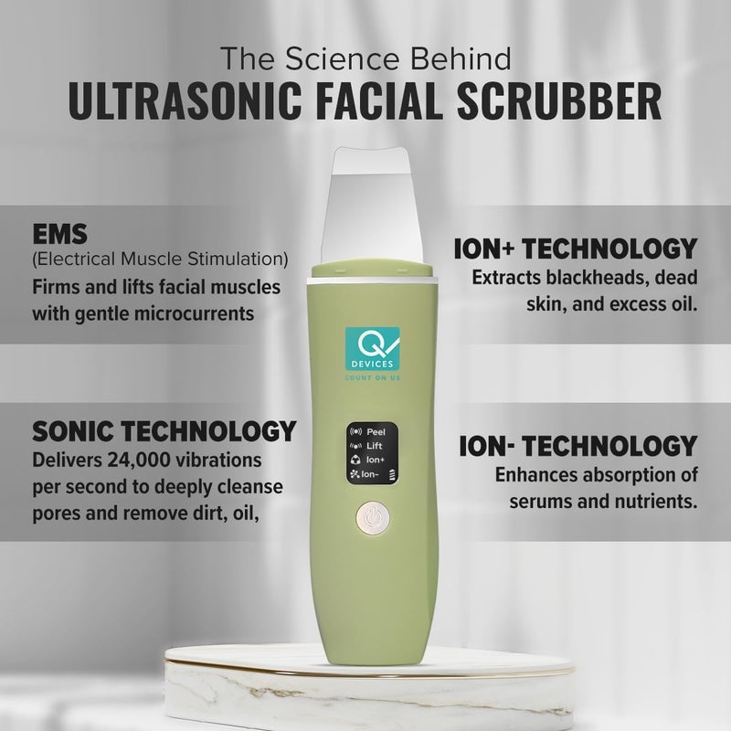 Q DEVICES Ultrasonic Facial Skin Scrubber, 4 Modes, Blackhead Remover, Facial Pores Cleaner, Stainless Steel Spatula, Extractor Tip, Silicone Covers, Rechargeable - Image 5
