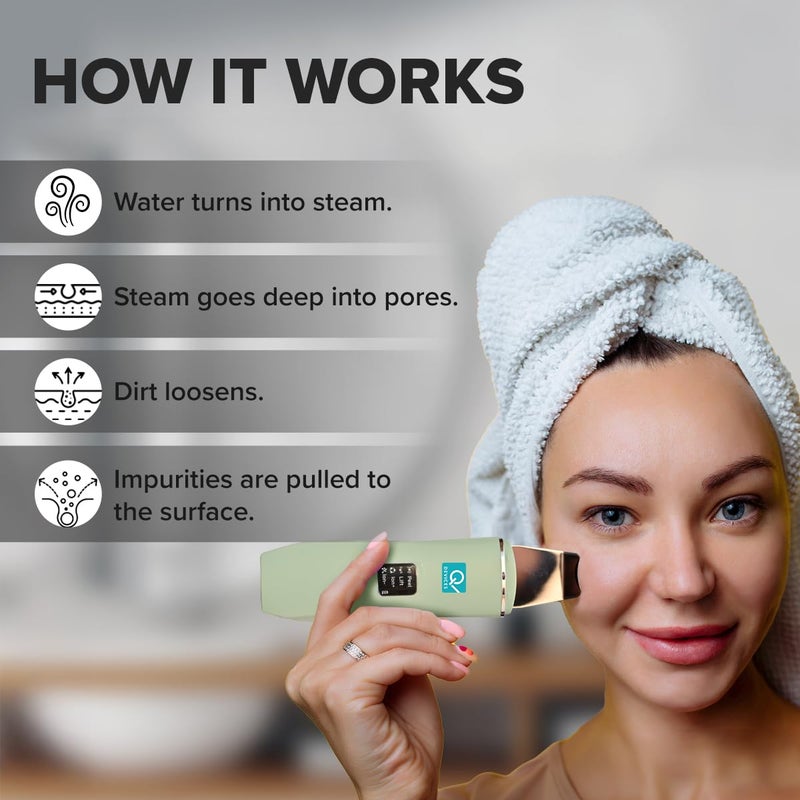 Q DEVICES Ultrasonic Facial Skin Scrubber, 4 Modes, Blackhead Remover, Facial Pores Cleaner, Stainless Steel Spatula, Extractor Tip, Silicone Covers, Rechargeable - Image 4