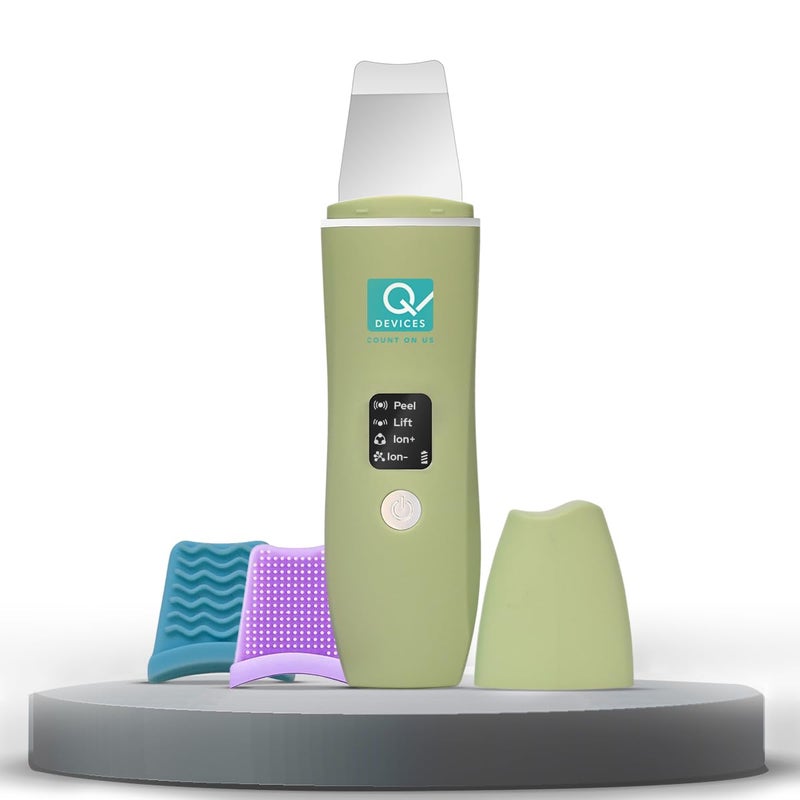 Q DEVICES Ultrasonic Facial Skin Scrubber, 4 Modes, Blackhead Remover, Facial Pores Cleaner, Stainless Steel Spatula, Extractor Tip, Silicone Covers, Rechargeable - Image 1