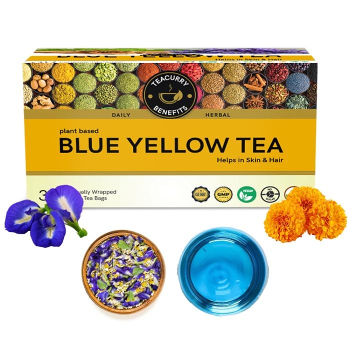 Teacurry Blue Yellow Tea (30 Tea Bags) - Supports Skin and Stomach Wellness | Flower Based, Caffeine Free Herbal Tea - Image 1