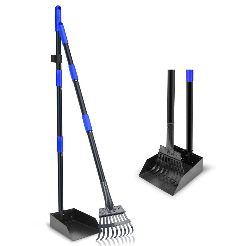 Twocorn Pooper Scooper, Dog Pooper Scooper Tray and Rake Set with Adjustable Stainless Steel Long Handle for Large Medium Small Dogs (Blue) - Image 1