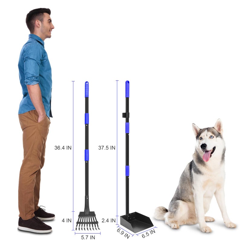 Twocorn Pooper Scooper, Dog Pooper Scooper Tray and Rake Set with Adjustable Stainless Steel Long Handle for Large Medium Small Dogs (Blue) - Image 3