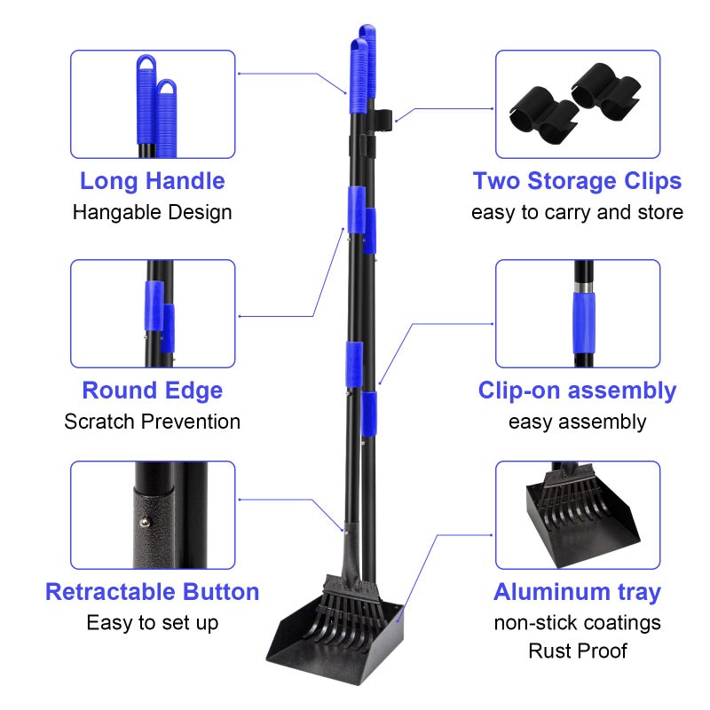 Twocorn Pooper Scooper, Dog Pooper Scooper Tray and Rake Set with Adjustable Stainless Steel Long Handle for Large Medium Small Dogs (Blue) - Image 2