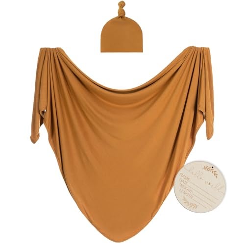Kloovete Large Jersey Knitted Swaddle Blanket for Baby, Soft Stretchy Receiving Blanket for Newborns with Hat, Baby Nursery Swaddle 47 x 47 inches(Copper) - Image 1