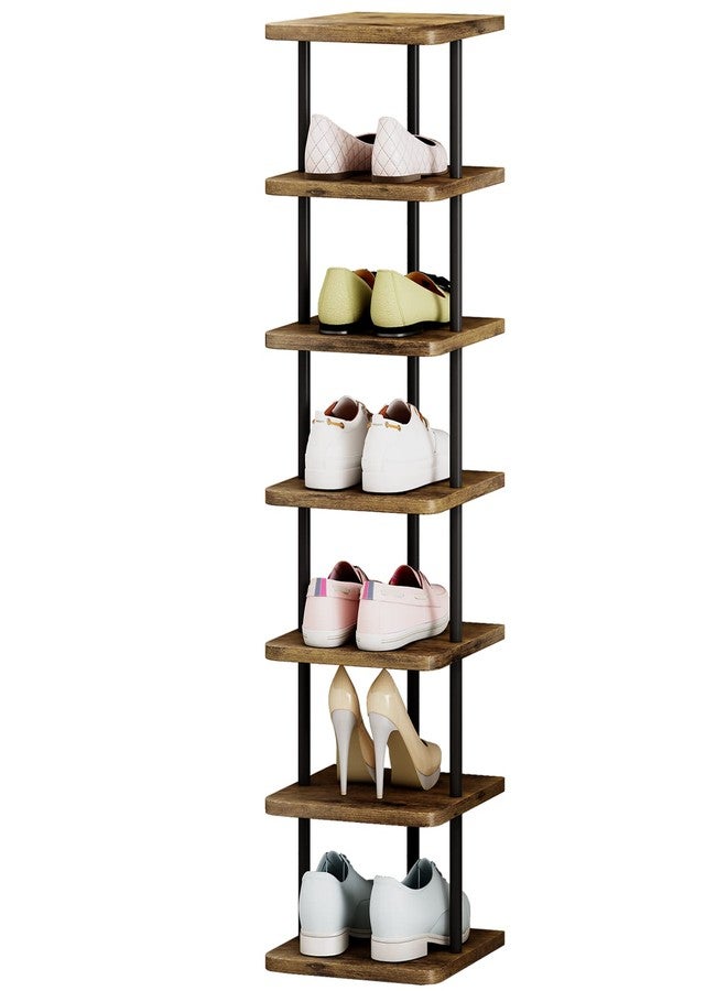 AZERPIAN Shoe Rack 7 Tier Vertical Storage Organizer Narrow Metal Slim Shelf Modern Free Standing Shoe Tower Saving Space for Closet Entryway Bedroom,Black+Rustic Brown - Image 1