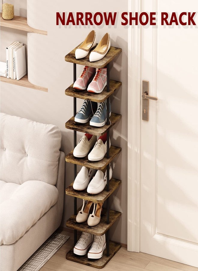 AZERPIAN Shoe Rack 7 Tier Vertical Storage Organizer Narrow Metal Slim Shelf Modern Free Standing Shoe Tower Saving Space for Closet Entryway Bedroom,Black+Rustic Brown - Image 4