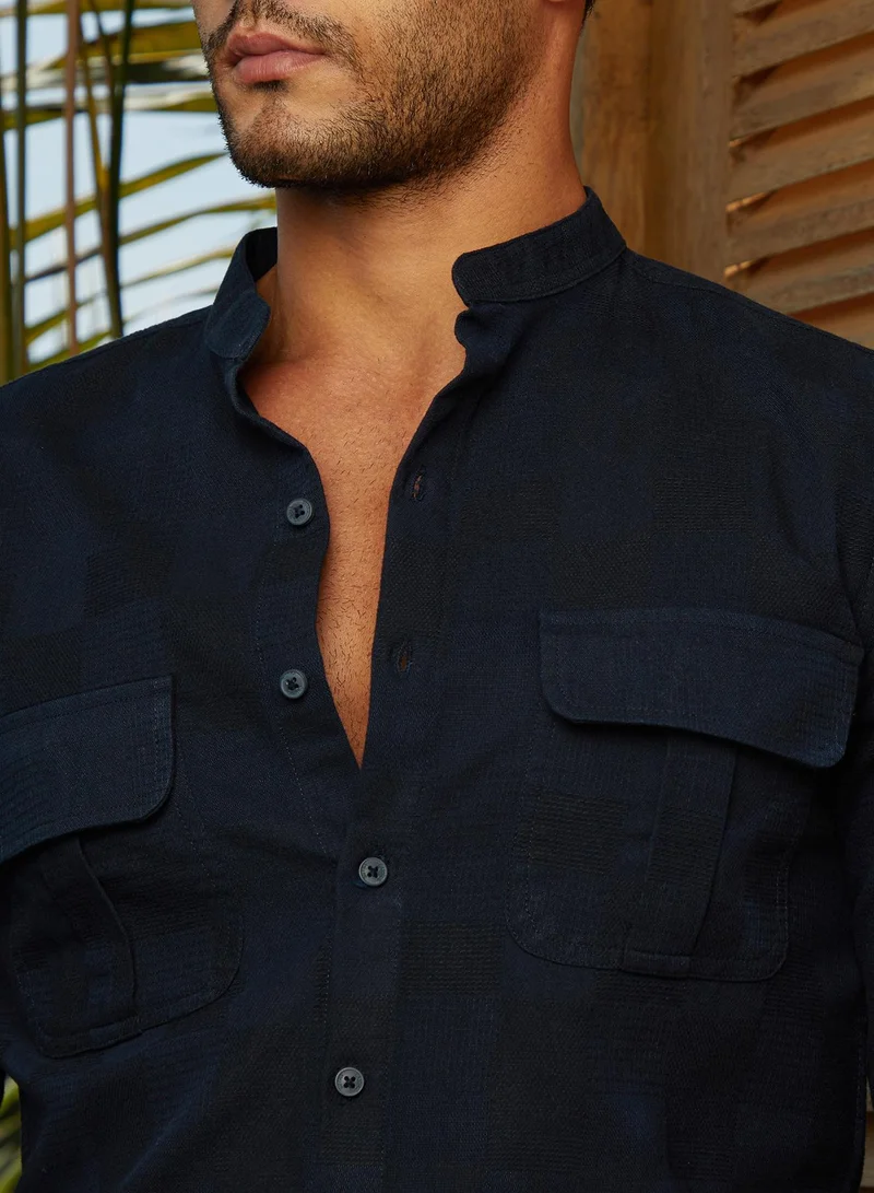 Campus Sutra Men's Navy Blue Mandarin Utility Shirt