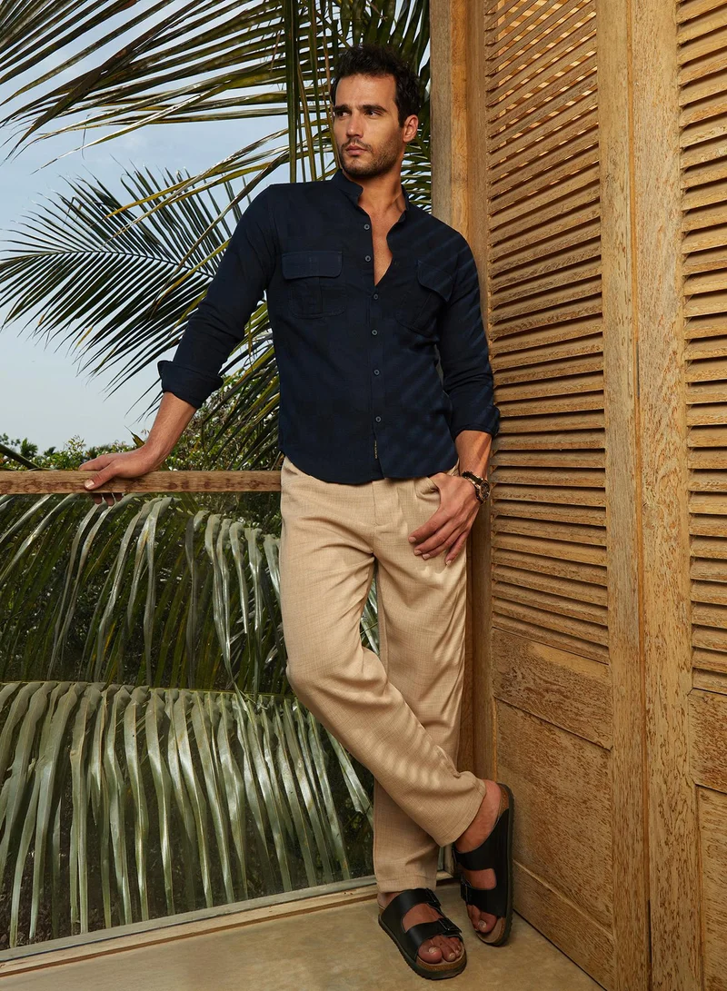 Campus Sutra Men's Navy Blue Mandarin Utility Shirt