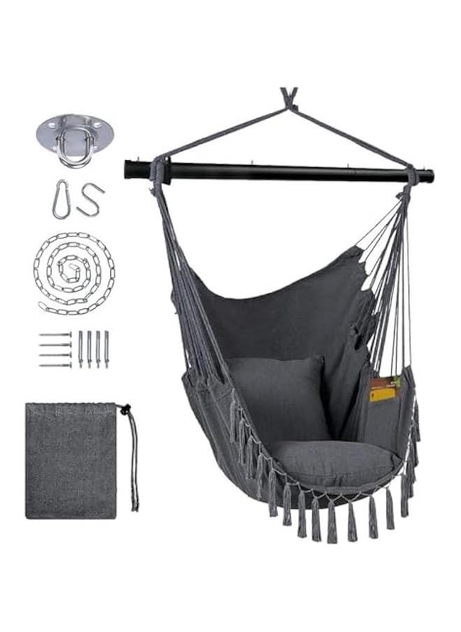 HOOKOR Hanging Chair, Hammock Chair Hanging Rope Swing, Max 180Kgs, 2 Pillows Included, Hanging Chair with Pocket and Macrame, Swing Rope Chair for Bedroom, Backyard and Deck(Grey)  - Image 1