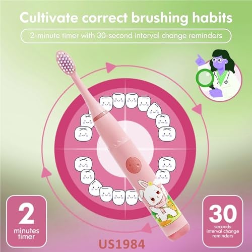 US1984 Sonic Electric Toothbrush for Kids with 4 Modes, 3 Brush Heads & Rechargeable Battery, Ultra Soft Nylon Bristles, IPX7 Waterproof, Electric Power Tooth brush (Pink & Purple) - Image 3