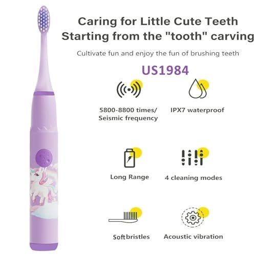 US1984 Sonic Electric Toothbrush for Kids with 4 Modes, 3 Brush Heads & Rechargeable Battery, Ultra Soft Nylon Bristles, IPX7 Waterproof, Electric Power Tooth brush (Pink & Purple) - Image 5
