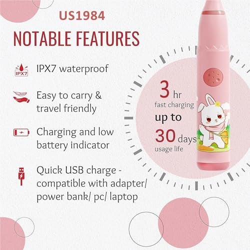 US1984 Sonic Electric Toothbrush for Kids with 4 Modes, 3 Brush Heads & Rechargeable Battery, Ultra Soft Nylon Bristles, IPX7 Waterproof, Electric Power Tooth brush (Pink & Purple) - Image 2