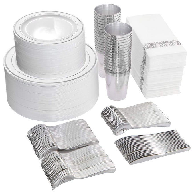 700 PIECE SILVER DINNERWARE SET FOR 100 GUESTS100 DINNER PLATES 100 DESSERT PLATES 100 DISPOSABLE CUPS 10 OZ 100 PAPER NAPKINS 100 PLASTIC SILVERWARE SET PERFECT FOR PARTY WEDDING