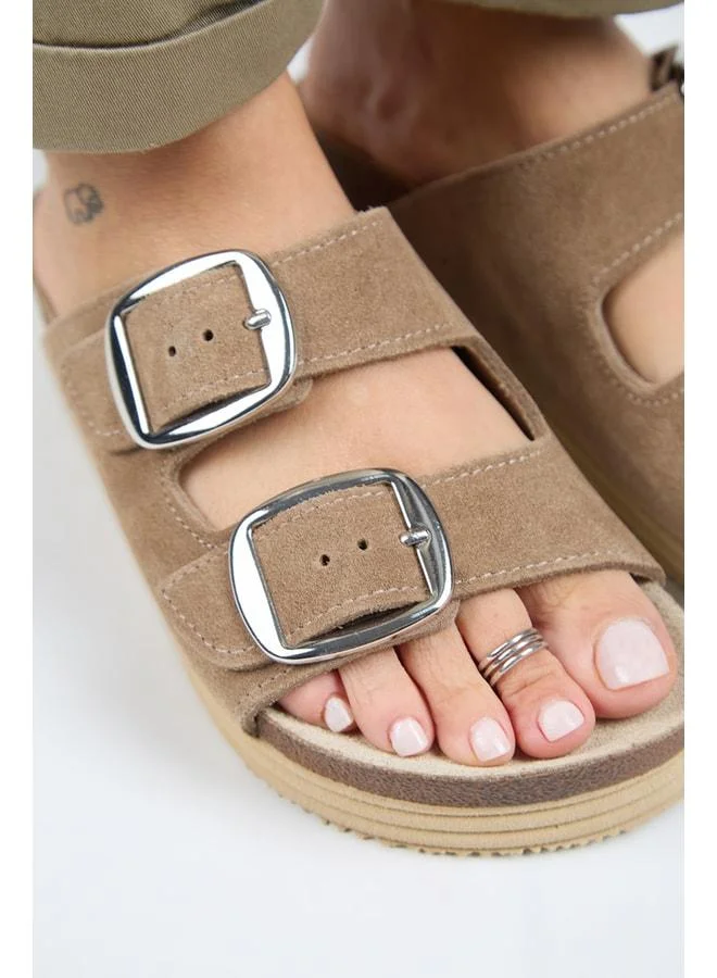 Manijero  Selina Women's Genuine Leather Double Buckle Mink - Silver Slippers - Brown for Women | Best Price UAE