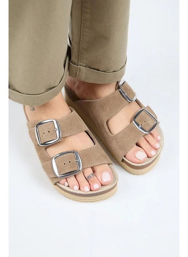 Manijero  Selina Women's Genuine Leather Double Buckle Mink - Silver Slippers - Brown for Women | Best Price UAE