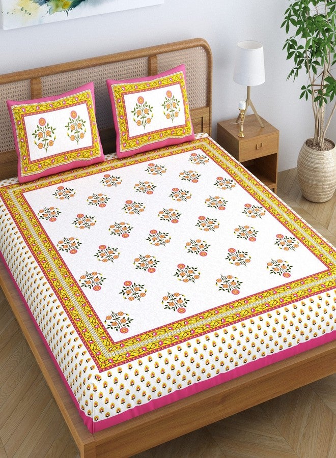 Colorish Cotton Blend Jaipuri Floral Printed 104 TC Double Bedsheet King Size with 2 Pillow Covers, Pink Touch - Image 1