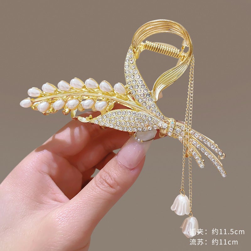 Generic 1 x 5 pcs Ultra-magical Flower Hair Clip Women Large Shark Clip Hair Accessories Fresh Sweet Style Electroplated Bell Lotus Flower Design ZJ030-1# Wheat Tassel Alloy Grab Clip 