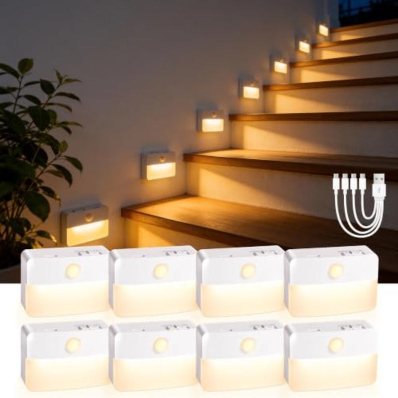 8 Pack Rechargeable Stair Lights for Indoor Use, ABS Plastic, Warm White, Motion Sensor + Magnetic + Wireless Stick-on Design - Image 1