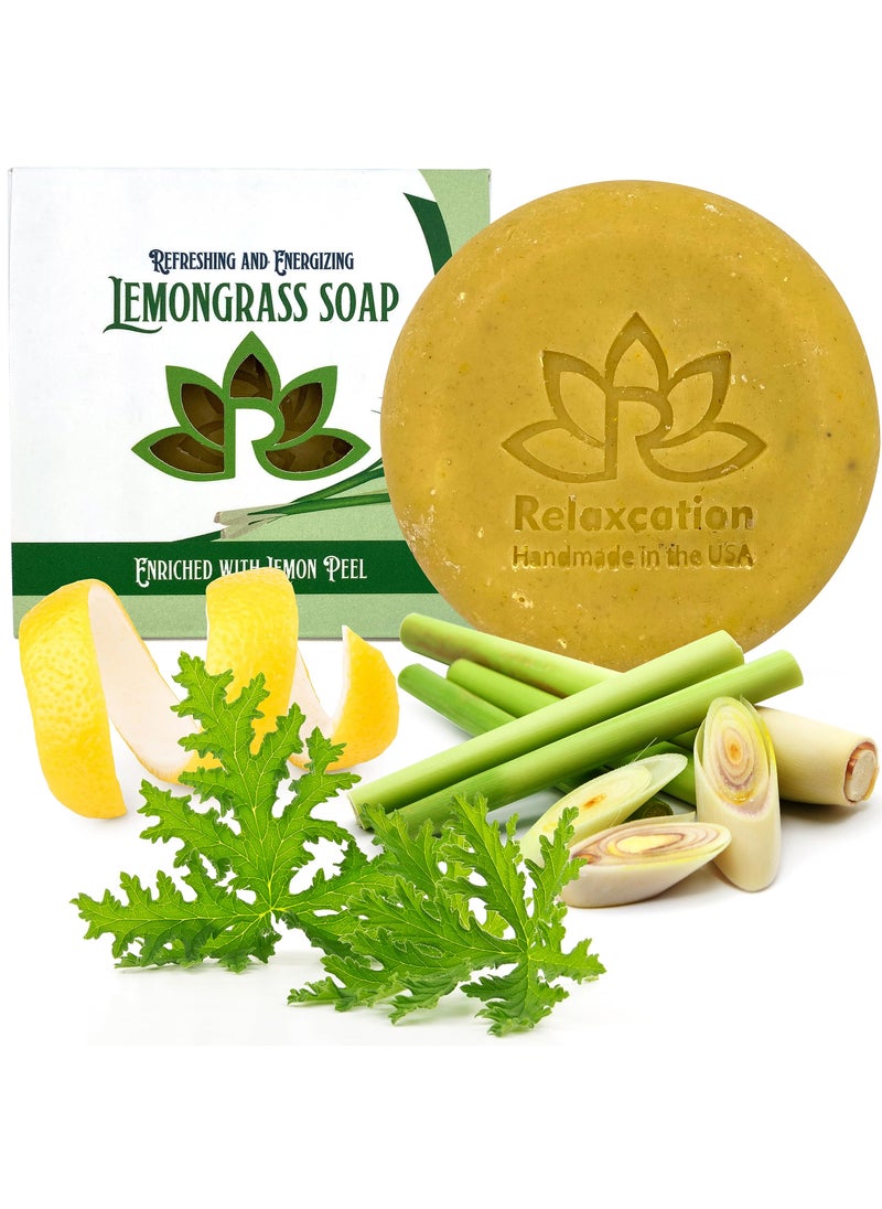 Relaxcation Relaxcation Lemongrass Soap Bar with Leaves and Lemon Peel | Natural Citronella Cold Process Soap | Lemongrass Refreshing and Energizing Soap Bar | HELP REDUCE OILY SKIN 