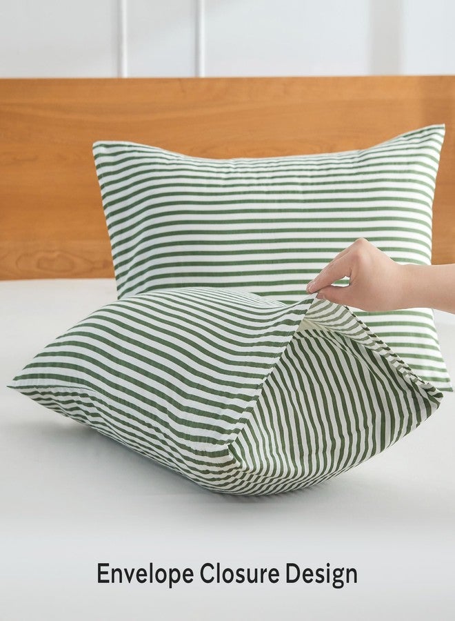 JELLYMONI 100% Natural Cotton Striped Standard Pillowcases Set, 2 Pack White and Green Stripes Pattern Printed Pillow Covers with Envelope Closure(Pillows are not Included) - Image 4